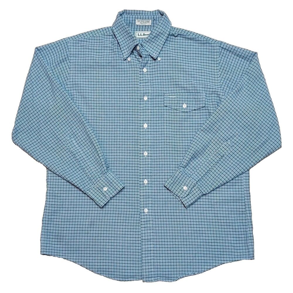 Vintage LL Bean Mens Shirt 16.5/34 (Large) Made in USA Green Blue Plaid Button
